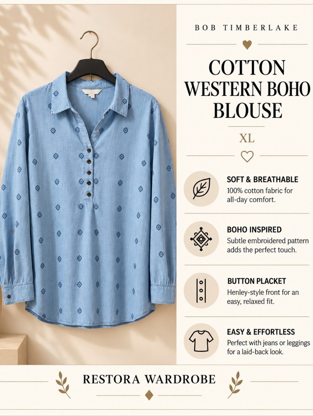 Bob Timberlake Blue Chambray Cotton Tunic Blouse XL Western Boho